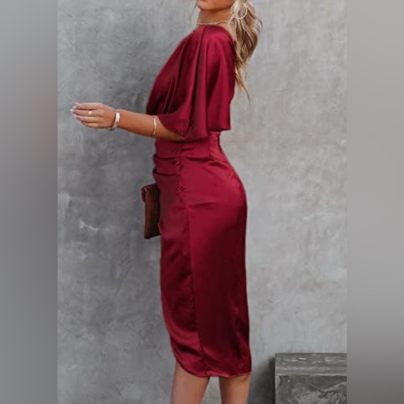 CUPSHE Women's Satin Backless One Shoulder Short Sleeve A-line Dress High Low - Picture 4 of 13